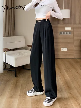 Yitimuceng, обикновена панталони с 2 копчета, женски 2023, Лятна мода, Реколта офис дамски панталони с висока талия, широки панталони с цип, прави панталони