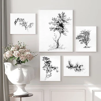 Черно-бял минималистичен плакат с ботаническата эскизом, платно, художествена печат, Ретро ботаническата стенен интериор за дневната, домашен Декор