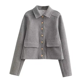 Лятното ново късо палто Rouge с голям джоб, дамски сака-сака с дълъг ръкав, полушерстяное палта, връхни дрехи копчета, якета-бомберы