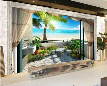 beibehang прекрасна личност декоративни тапети море, синьото небе, кокосово дърво, прозорци триизмерен фон 3D тапети
