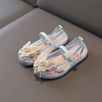 Детски обувки с бродерия в традиционен китайски стил, танцови обувки Hanfu за момичета, ежедневни удобна детска мека обувки на принцесата върху плоска подметка