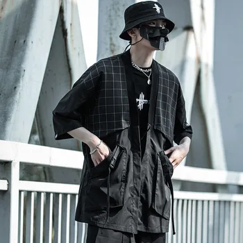 Модерен халат Dao, мъжки модни свободна ветровка, реколта риза в клетка с разрезными ръкава, палтото функционален стил