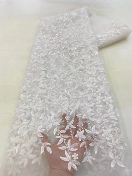 Френското тюлевое дантела, расшитое ръчно с мъниста, 3D триизмерна апликация във формата на листа, сладък модни облекла, булчински воали, кърпа 5 ярда