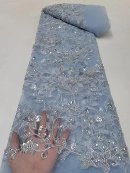 Небето е Синя Африканска Мрежа Ръчно изработени beaded, Лейси Кърпа 5 ярда 2023, Висококачествена Бродерия За Шивашки нигерийски на сватбена рокля