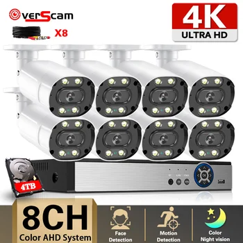 8-КАНАЛЕН AHD Камера за Видеонаблюдение Комплект Система за Сигурност 4K DVR NVR Комплект За Определяне на Цвета на Лицето за Нощно Виждане е с 8-Мегапикселова Камера Комплект Система за Видеонаблюдение