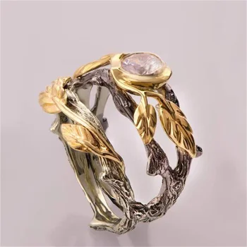 Реколта пръстени във формата на листа сребърно-златен цвят, за жени, модни Бижута с метална с гравюри от бял камък, сватба и сватбени декорации