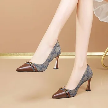 Дамски Модни Висококачествени Пролетно-летни Обувки на висок ток от Изкуствена Кожа с Остри Пръсти, Женски Сладки Обувки-лодка Zapatos De Mujer E248