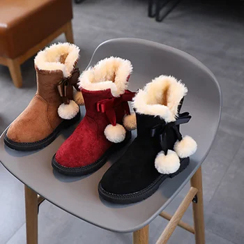 Детски обувки, зимни обувки за момичета, velvet лък, противоскользящий кожа, дебели памук за деца
